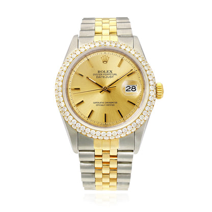 36mm Rolex Datejust 1601 4.50 TCW Diamond Bezel Gold Dial Jubilee Band Watch