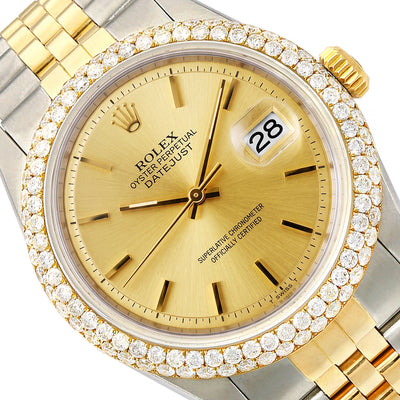 36mm Rolex Datejust 1601 4.50 TCW Diamond Bezel Gold Dial Jubilee Band Watch