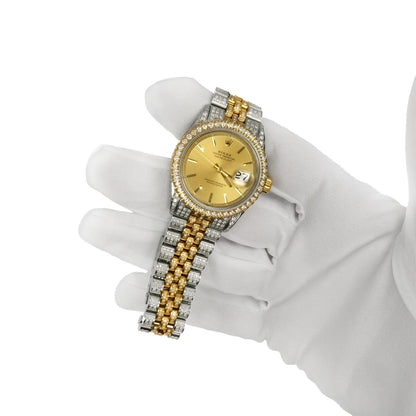36mm Rolex Datejust 1601 8.50 TCW Diamond Bezel Gold Dial Jubilee Band Watch
