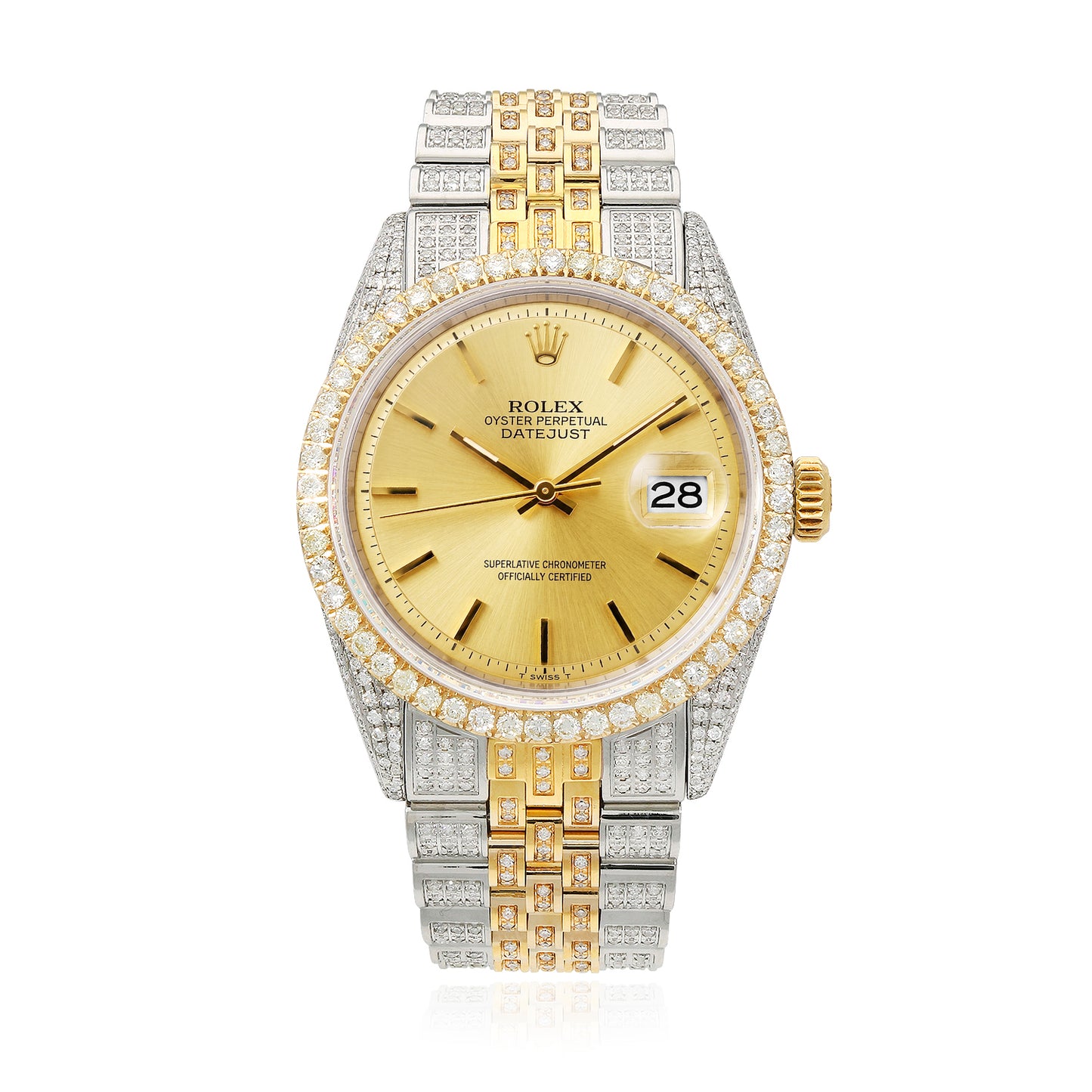 36mm Rolex Datejust 1601 8.50 TCW Diamond Bezel Gold Dial Jubilee Band Watch