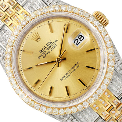 36mm Rolex Datejust 1601 8.50 TCW Diamond Bezel Gold Dial Jubilee Band Watch