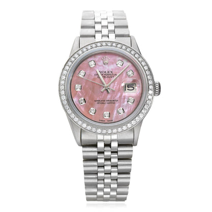 Rolex Datejust 1603 36mm Pink MOP Dial 18K Gold Diamond Bezel Jubilee Band Watch