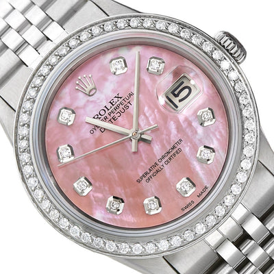 Rolex Datejust 1603 36mm Pink MOP Dial 18K Gold Diamond Bezel Jubilee Band Watch