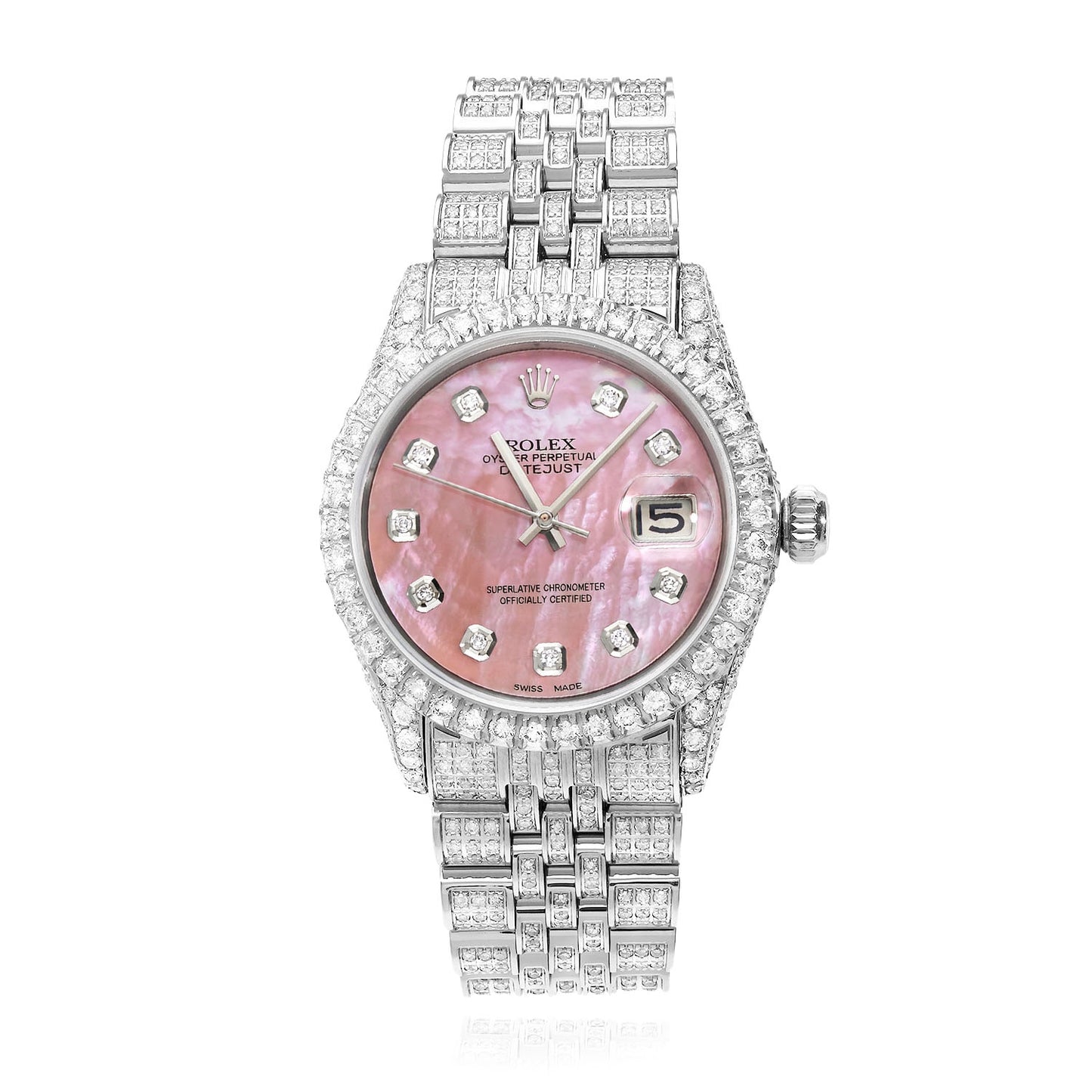 36mm Rolex Datejust 1601 9.00 TCW Diamond Jubilee Band Pink MOP Dial Bezel Watch