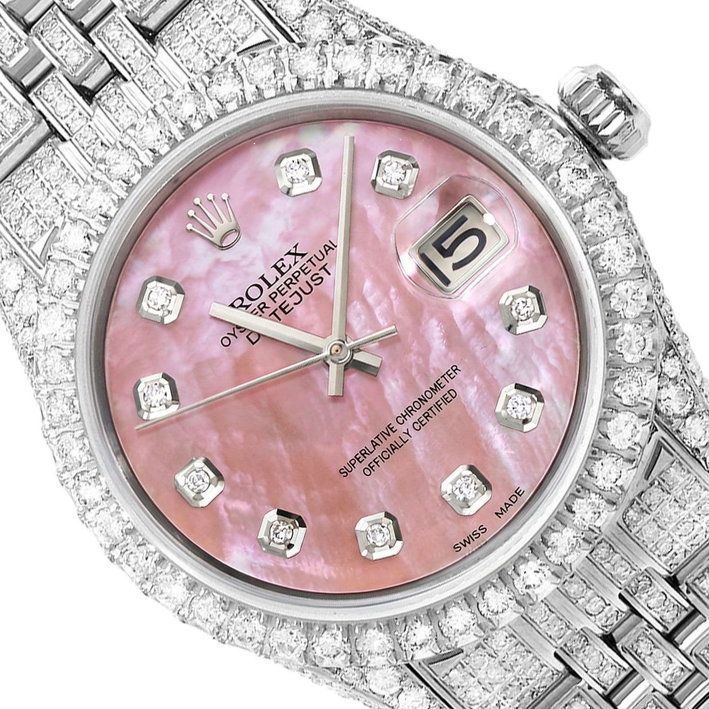 36mm Rolex Datejust 1601 9.00 TCW Diamond Jubilee Band Pink MOP Dial Bezel Watch