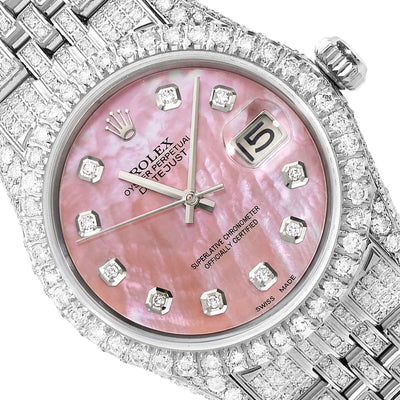 36mm Rolex Datejust 1601 9.00 TCW Diamond Jubilee Band Pink MOP Dial Bezel Watch