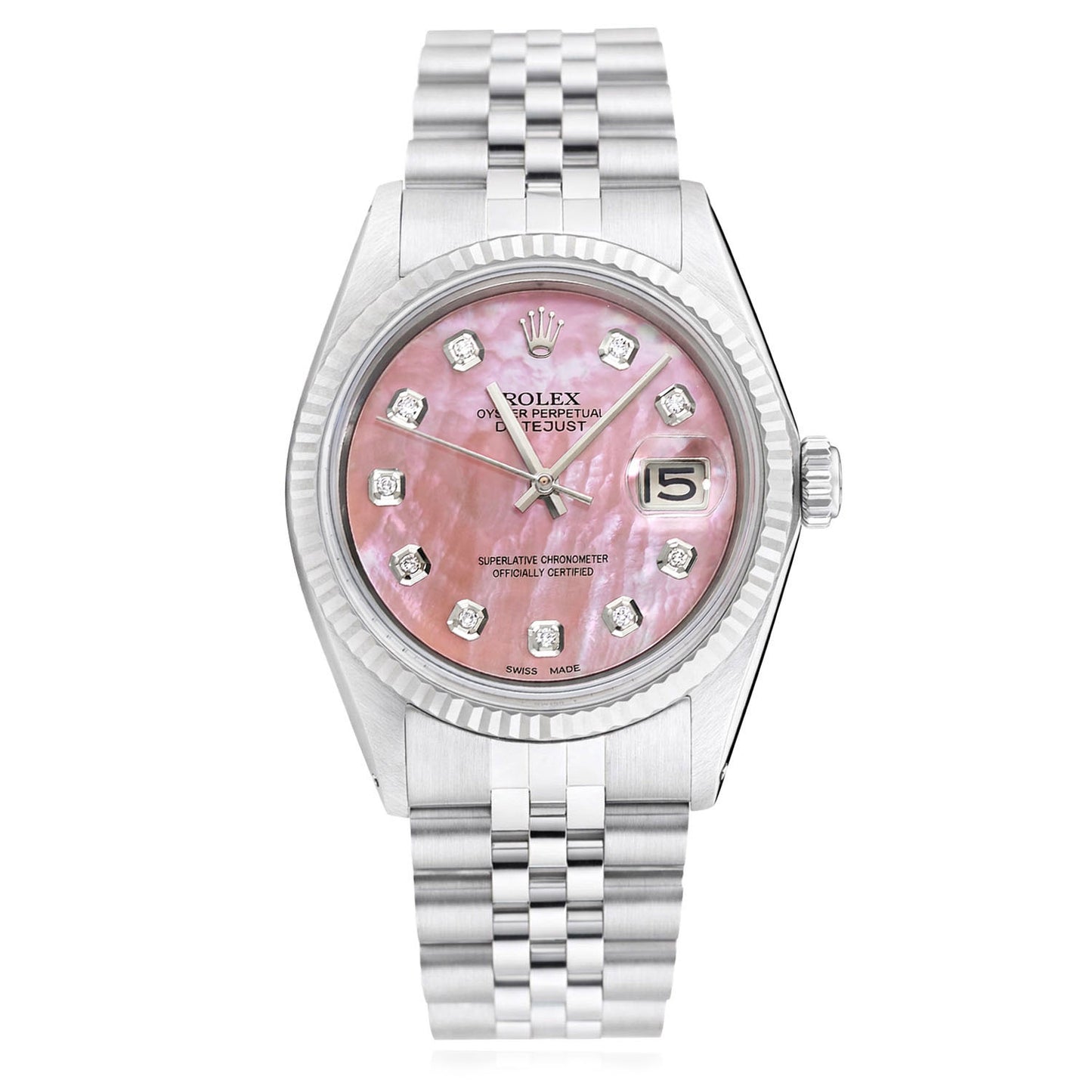 Rolex Datejust 1601 36mm 18K White Gold Bezel Pink MOP Dial Jubilee Steel Watch