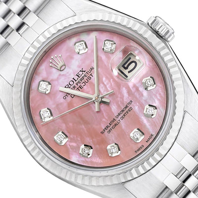 Rolex Datejust 1601 36mm 18K White Gold Bezel Pink MOP Dial Jubilee Steel Watch