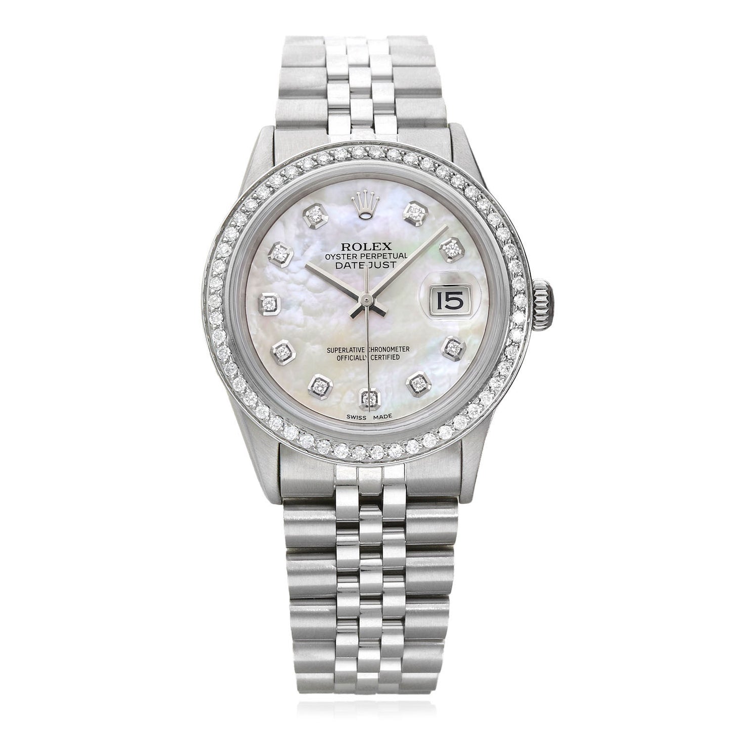 Rolex Datejust 1603 36mm White MOP Dial 18K Gold Diamond Bezel Jubilee Watch