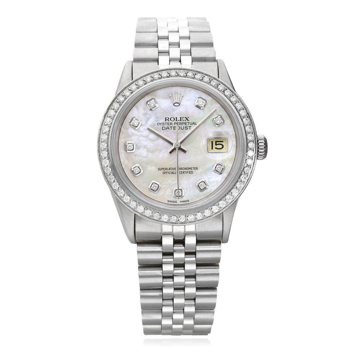 Rolex Datejust 16013 36mm White MOP Dial 18K Gold Diamond Bezel Jubilee Watch