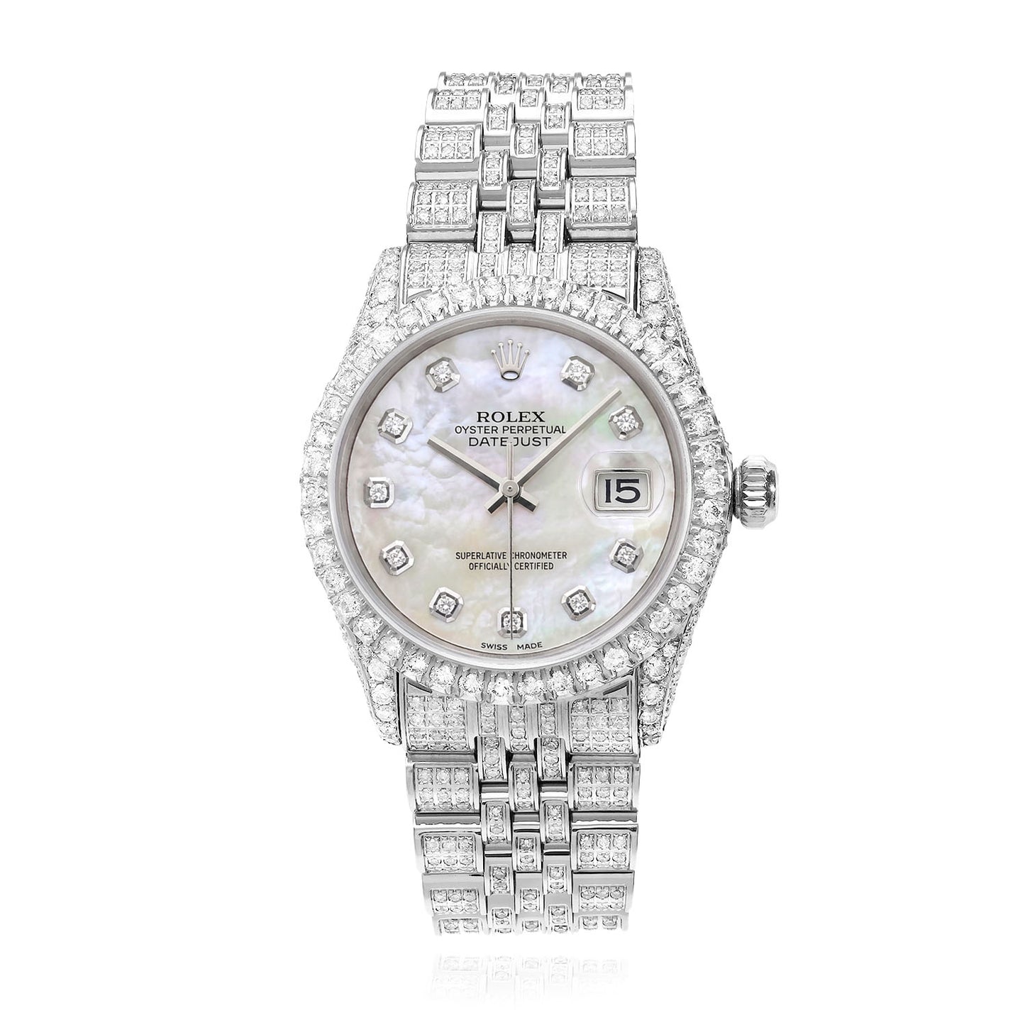 36mm Rolex Datejust 1601 9.00 TCW Diamond Bezel Pave Band White MOP Dial Watch