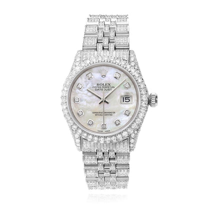 36mm Rolex Datejust 1601 9.00 TCW Diamond Bezel Pave Band White MOP Dial Watch