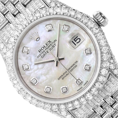 36mm Rolex Datejust 1601 9.00 TCW Diamond Bezel Pave Band White MOP Dial Watch