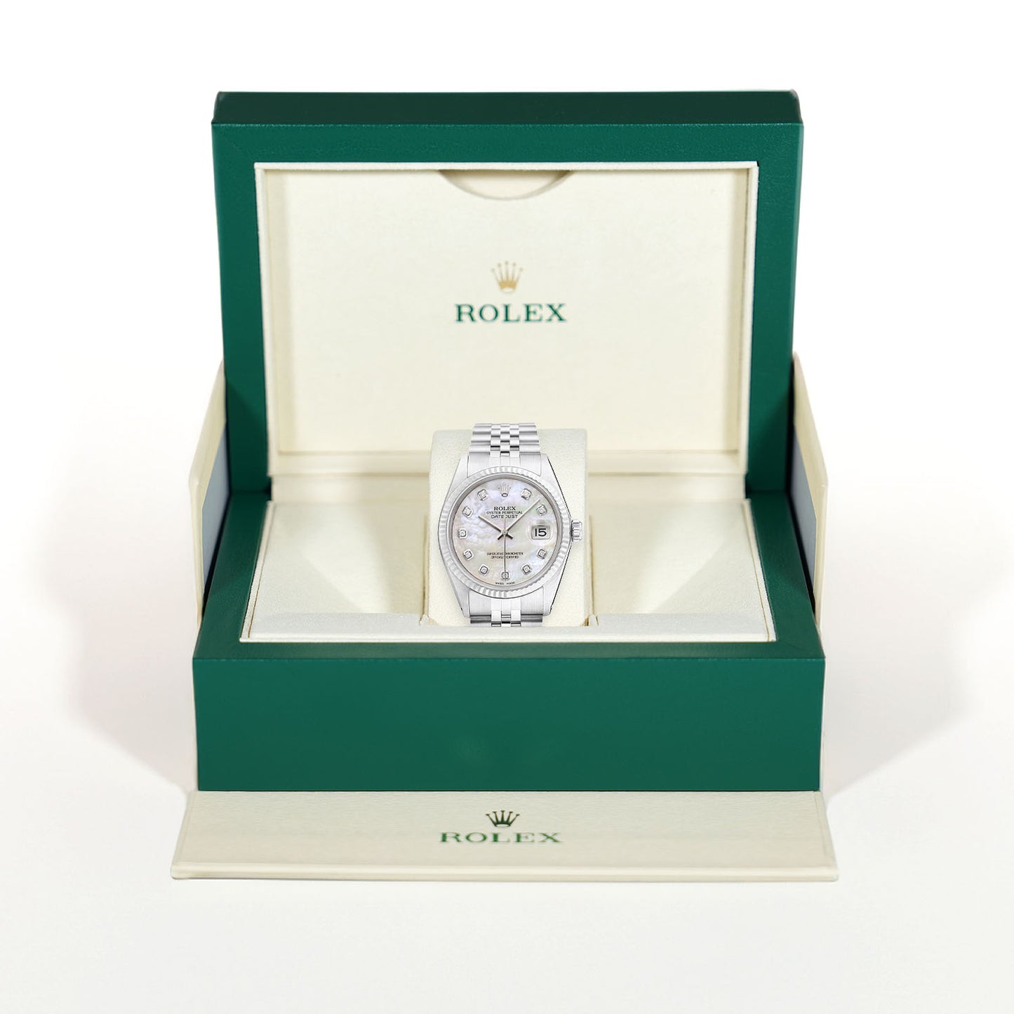 Rolex Datejust 1601 36mm 18K White Gold Bezel White MOP Dial Jubilee Steel Watch