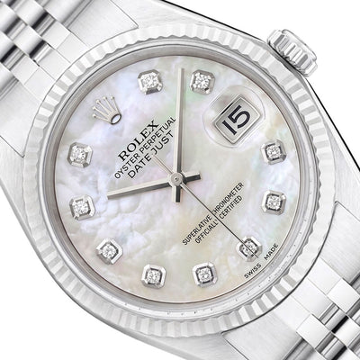 Rolex Datejust 1601 36mm 18K White Gold Bezel White MOP Dial Jubilee Steel Watch