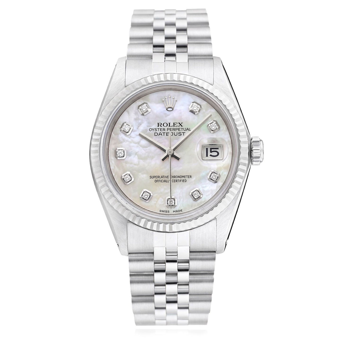 Rolex Datejust 1601 36mm 18K White Gold Bezel White MOP Dial Jubilee Steel Watch