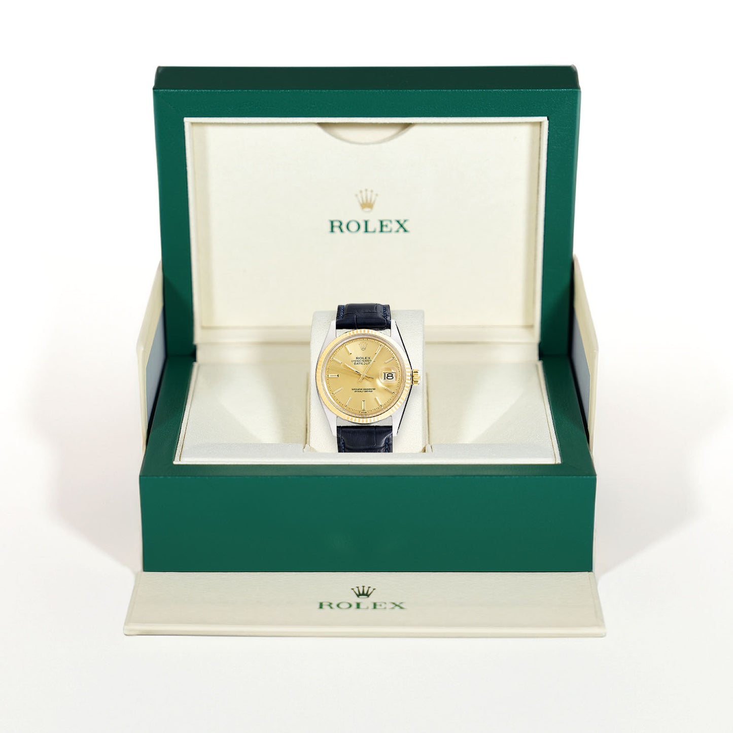 Rolex Datejust 36mm 1601 14k Yellow Gold Fluted Bezel Blue Leather Band Watch