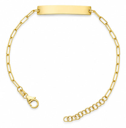 14K Yellow Gold 2mm Paperclip Name ID Bar Tag Bracelet (Hollow) Adjustable 6"-7"