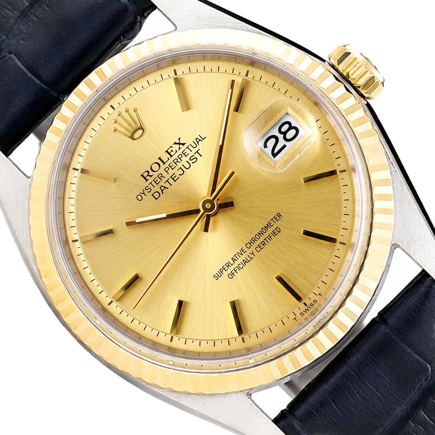 Rolex Datejust 36mm 1601 14k Yellow Gold Fluted Bezel Blue Leather Band Watch