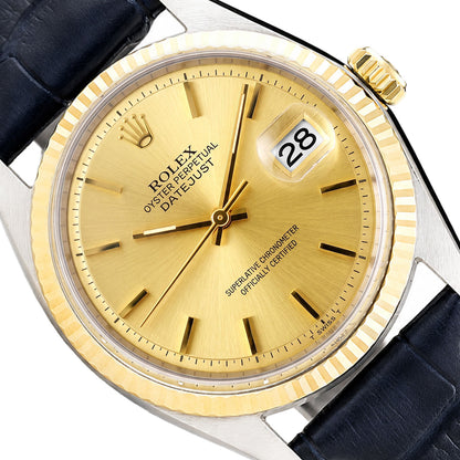 Rolex Datejust 36mm 1601 14k Yellow Gold Fluted Bezel Blue Leather Band Watch