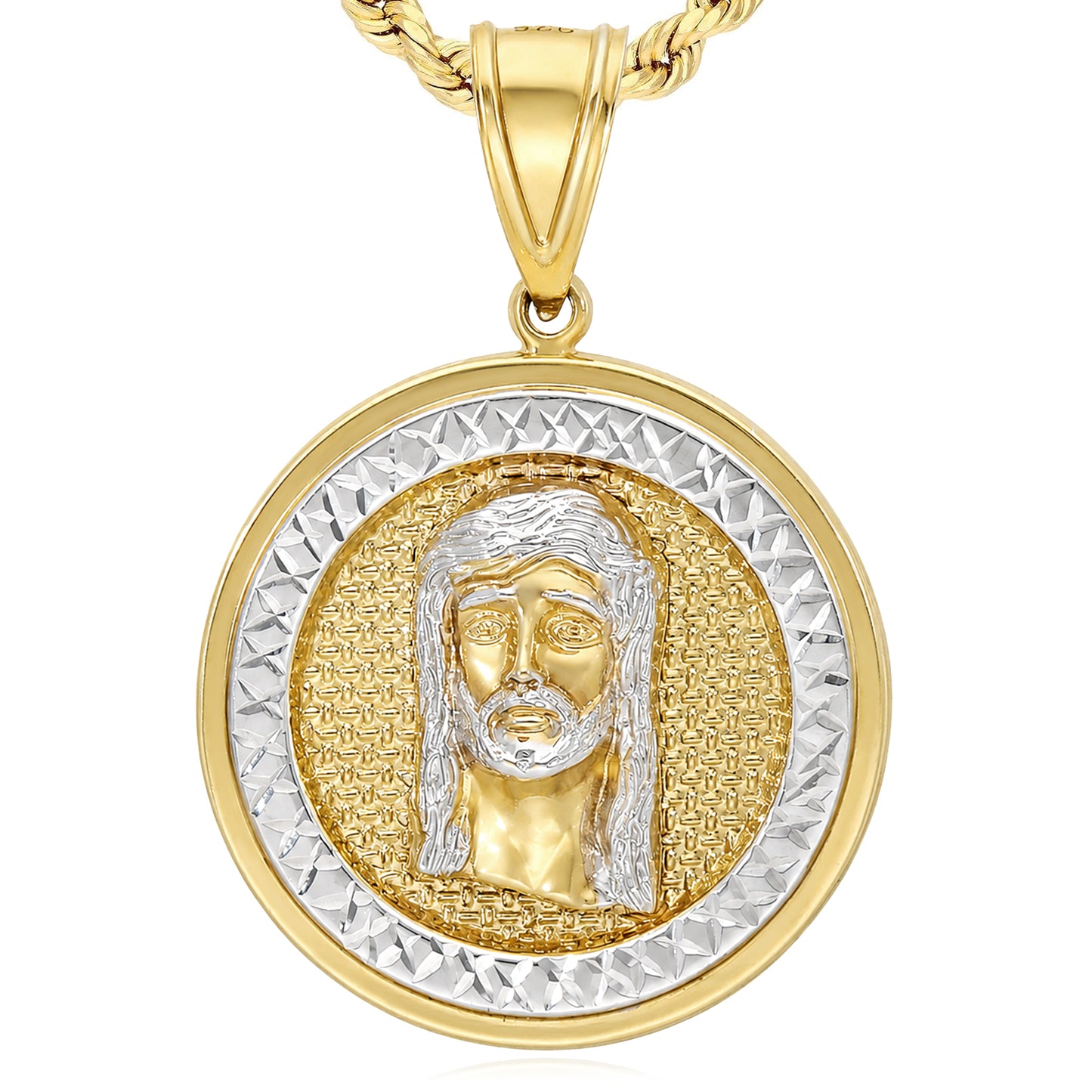 10K Yellow Gold-Filled Jesus Face Round Medallion Pendant 2" 1.4"