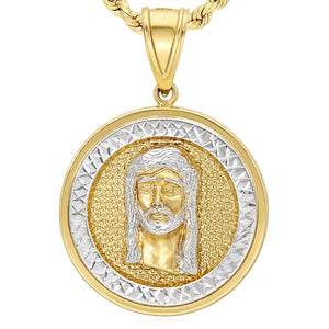 10K Yellow Gold-Filled Jesus Face Round Medallion Pendant 2" 1.4"
