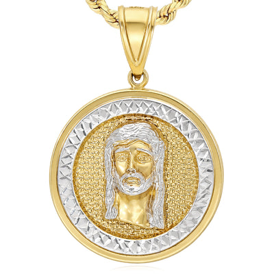 10K Yellow Gold-Filled Jesus Face Round Medallion Pendant 2" 1.4"