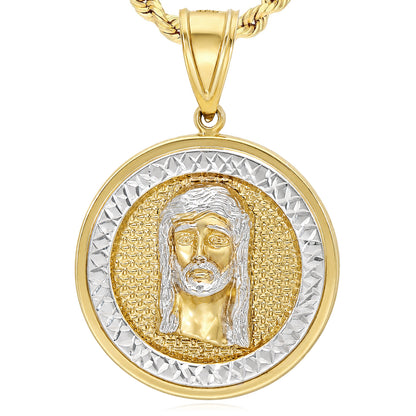 10K Yellow Gold-Filled Jesus Face Round Medallion Pendant 2" 1.4"