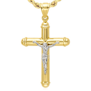 10K Yellow Gold-Filled Two-Tone Jesus Crucifix Cross Pendant 1.8" 2.2"