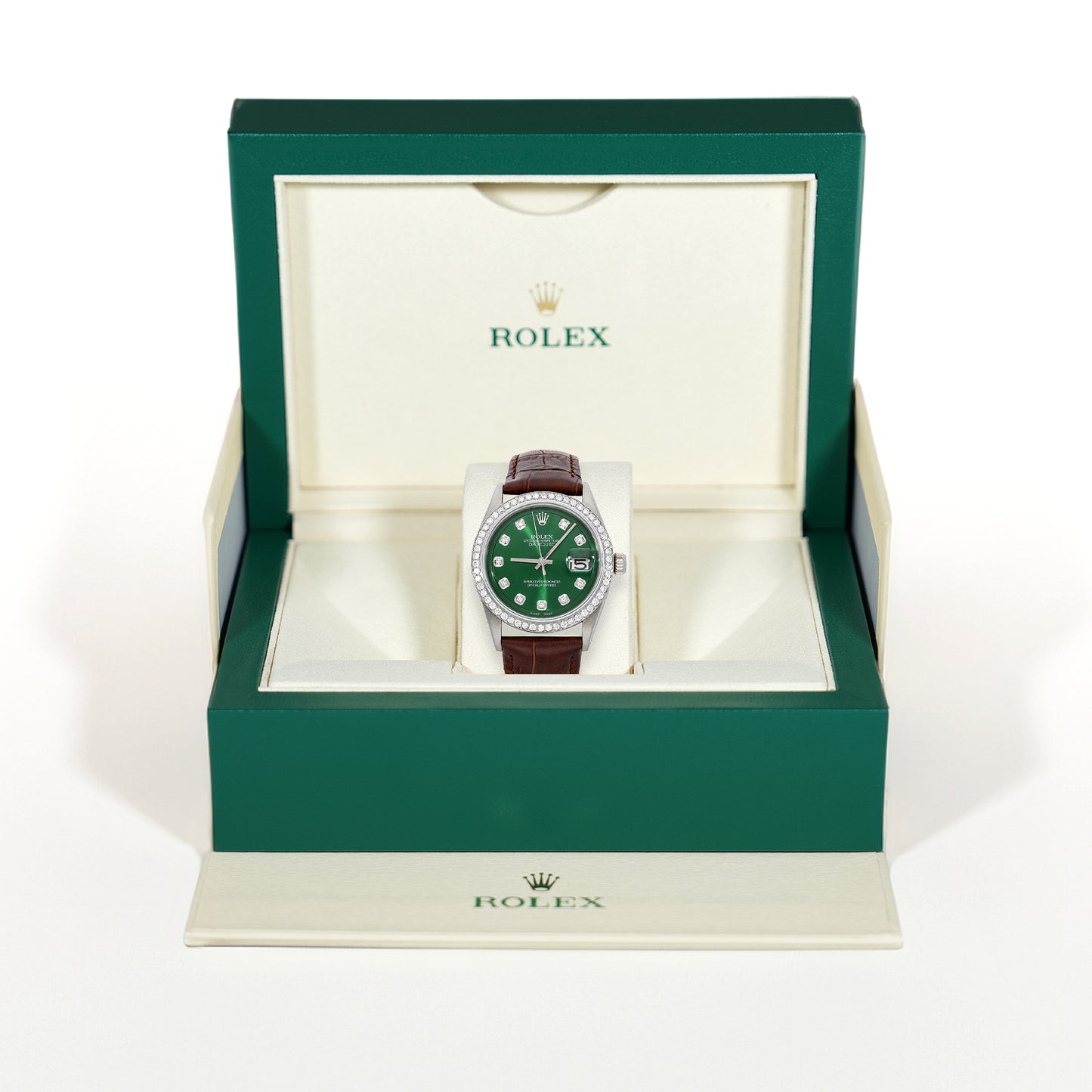 36mm Rolex Datejust 1603 18K Gold Diamond Bezel Green Dial Brown Leather Watch