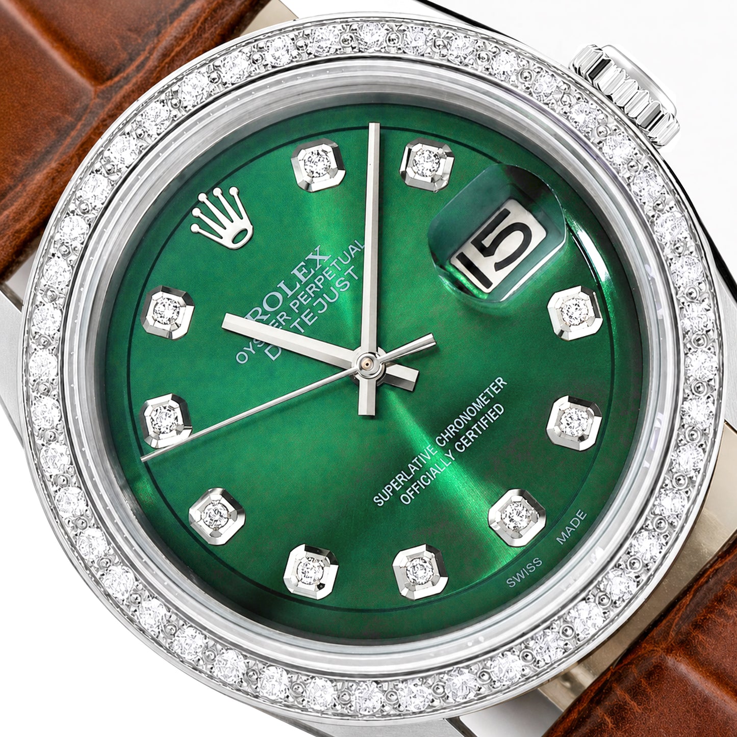 36mm Rolex Datejust 1603 18K Gold Diamond Bezel Green Dial Brown Leather Watch