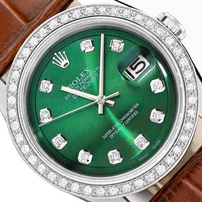 36mm Rolex Datejust 1603 18K Gold Diamond Bezel Green Dial Brown Leather Watch