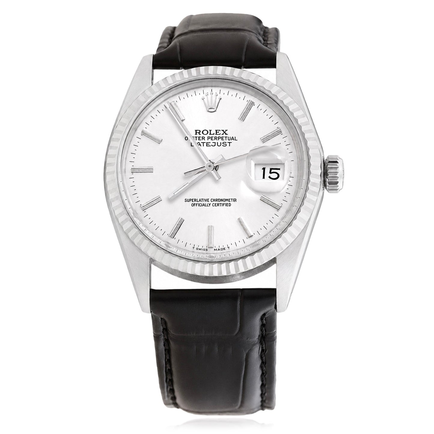 36mm Rolex Datejust 16013 White Dial 18K Gold Bezel Leather Men's Watch