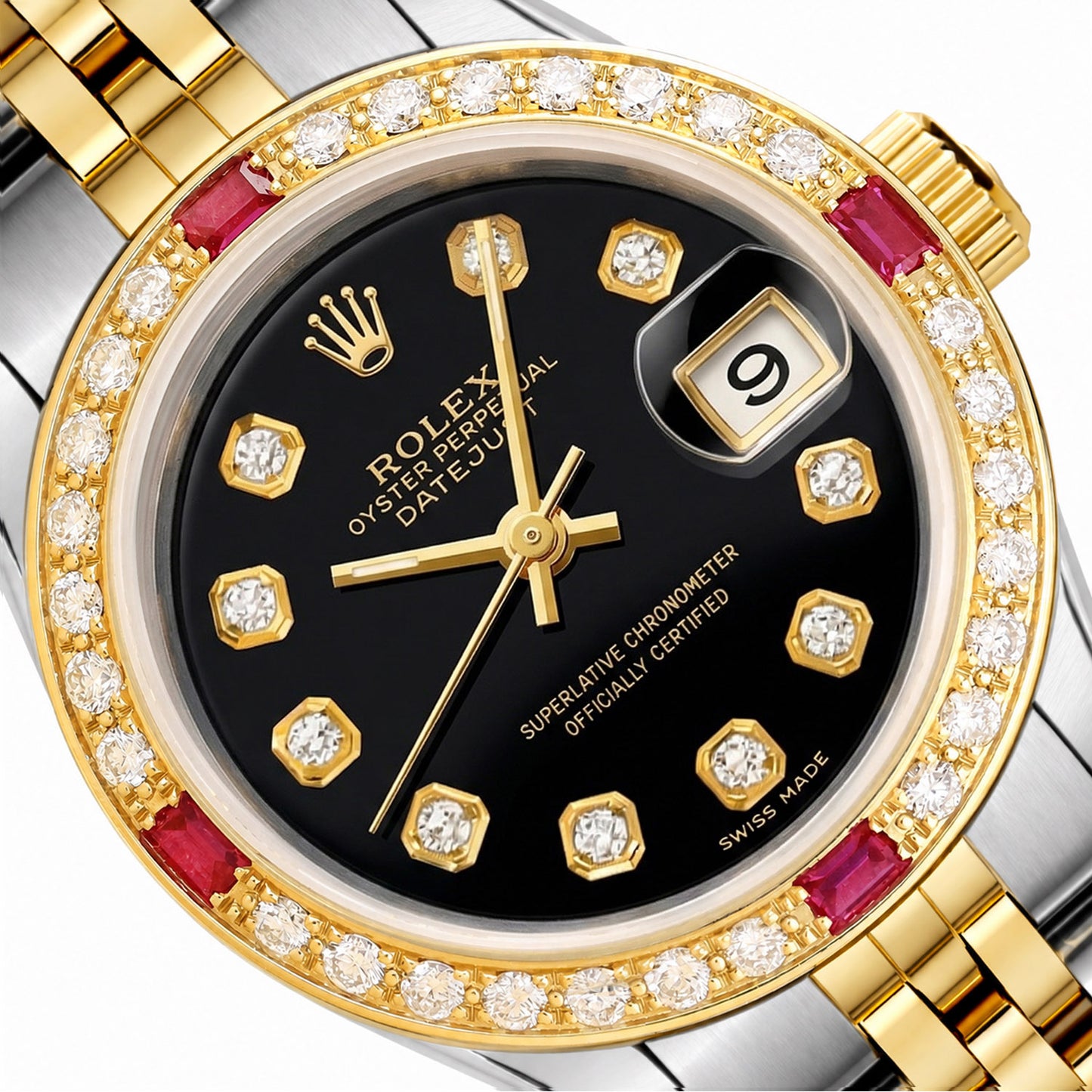 Rolex Datejust 69173 26mm Ruby Diamond Gold Black Dial Steel Women's Watch