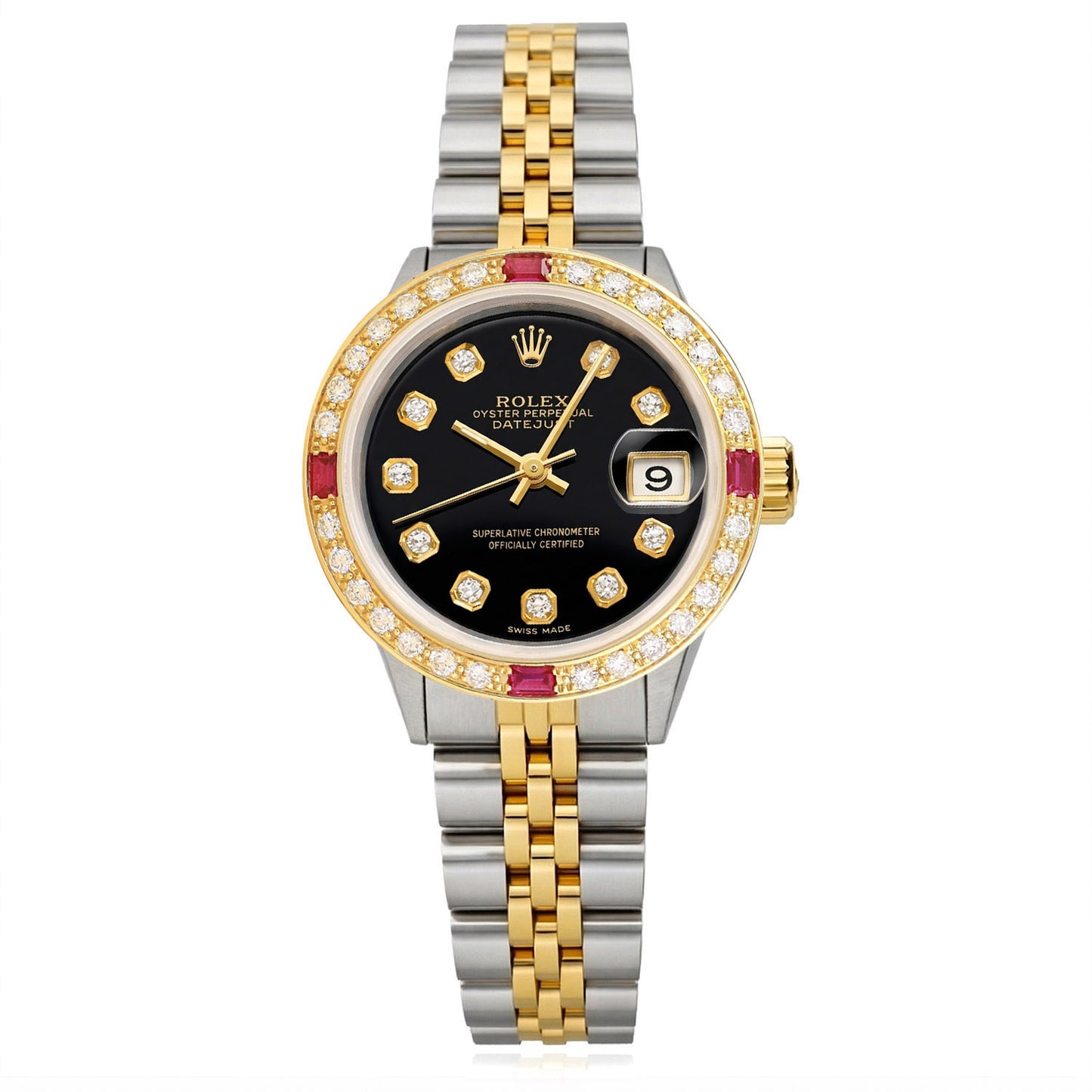 Rolex Datejust 69173 26mm Ruby Diamond Gold Black Dial Steel Women's Watch