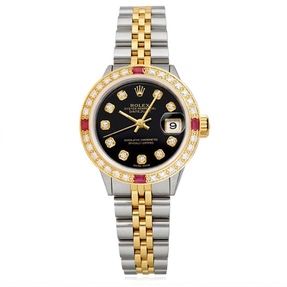 Rolex Datejust 69173 26mm Ruby Diamond Gold Black Dial Steel Women's Watch