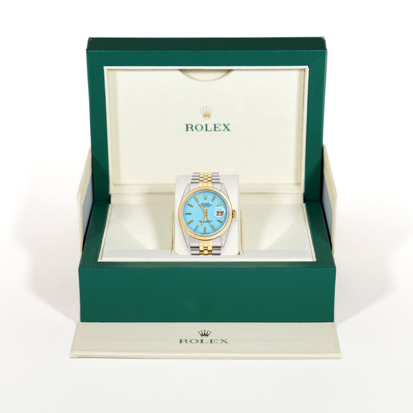 Rolex Datejust 16014 36mm Light Blue Dial 18K Gold Fluted Bezel Jubilee Watch