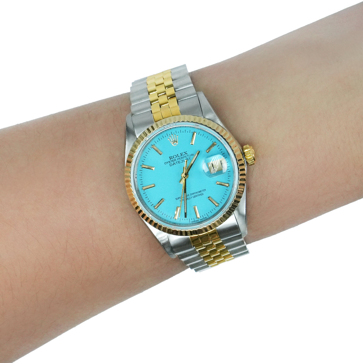 Rolex Datejust 16013 36mm Light Blue Dial 18K Gold Fluted Bezel Jubilee Watch