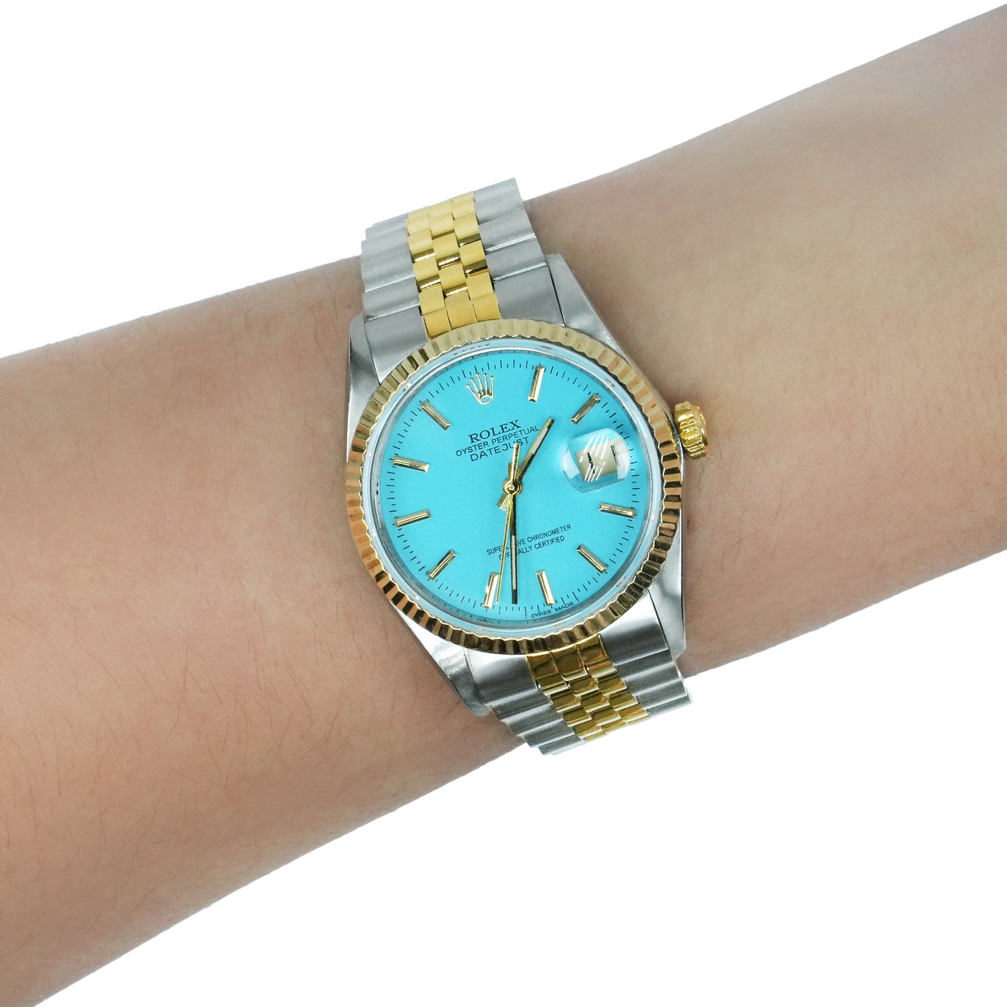 Rolex Datejust 16013 36mm Light Blue Dial 18K Gold Fluted Bezel Jubilee Watch