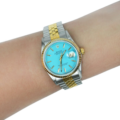 Rolex Datejust 16013 36mm Light Blue Dial 18K Gold Fluted Bezel Jubilee Watch