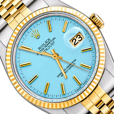 Rolex Datejust 16014 36mm Light Blue Dial 18K Gold Fluted Bezel Jubilee Watch