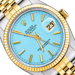 Rolex Datejust 16013 36mm Light Blue Dial 18K Gold Fluted Bezel Jubilee Watch