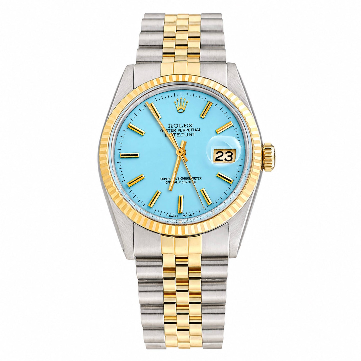 Rolex Datejust 16014 36mm Light Blue Dial 18K Gold Fluted Bezel Jubilee Watch