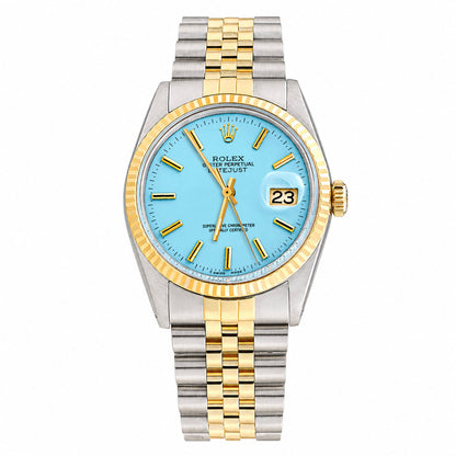 Rolex Datejust 16014 36mm Light Blue Dial 18K Gold Fluted Bezel Jubilee Watch