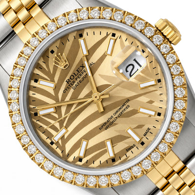 36mm Rolex Datejust 16013 Palm-Motif Dial 1.80Ct 18k Gold Diamond Bezel Watch