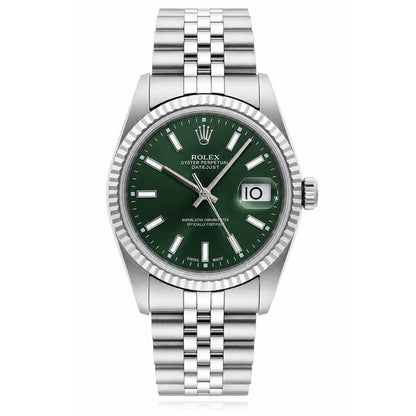 Rolex Datejust 16013 36mm 18K White Gold Fluted Bezel Green Dial Jubilee Watch