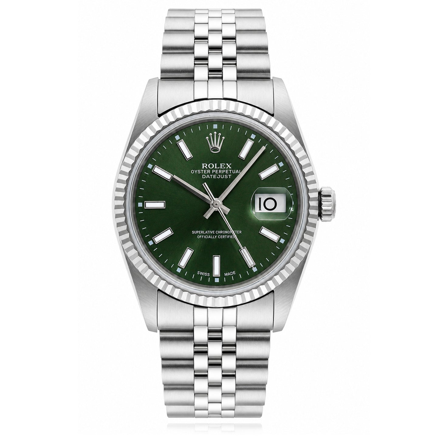 Rolex Datejust 16013 36mm 18K White Gold Fluted Bezel Green Dial Jubilee Watch