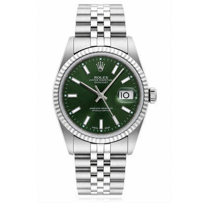 Rolex Datejust 16013 36mm 18K White Gold Fluted Bezel Green Dial Jubilee Watch