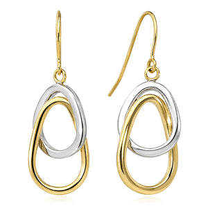 14K Gold Two-Tone Yellow White Two Puffed French Lock Earrings 30mm