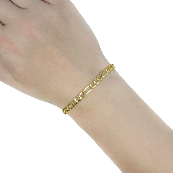 A delicate gold chain bracelet worn on a person's wrist, shown against a plain white background. [lifestyle]